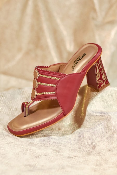 Around Always_Red Metallic Thread, Studs Ojaswi Block Heels With Gold Rope Straps _at_Aza_Fashions