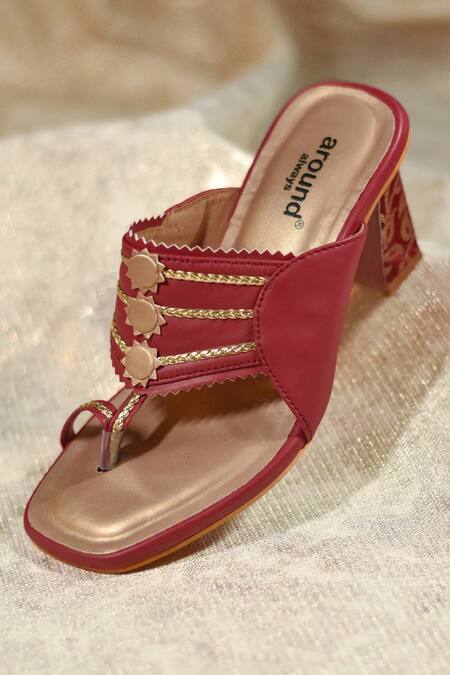 Buy_Around Always_Red Metallic Thread, Studs Ojaswi Block Heels With Gold Rope Straps 