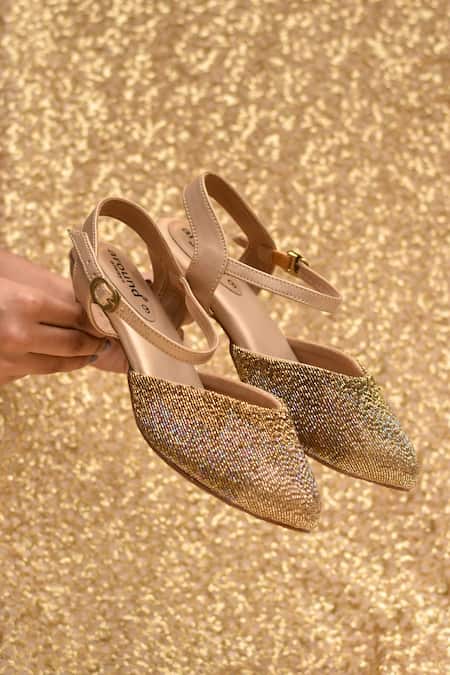 Around Always Gold Beads, Glitter Ombre Beadwork Stiletto Mule Heels 