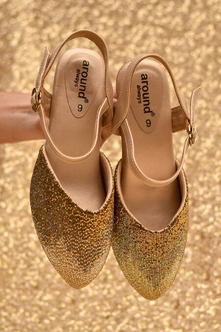 Buy_Around Always_Gold Beads, Glitter Ombre Beadwork Stiletto Mule Heels _Online_at_Aza_Fashions