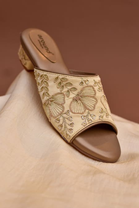 Shop Around Always Gold Embroidery, Zari, Beads Peonies Floral Threadwork And Zardozi Heels at Aza Fashions Shop_Around Always_Gold Embroidery, Zari, Beads Peonies Floral Threadwork And Zardozi Heels _at_Aza_Fashions