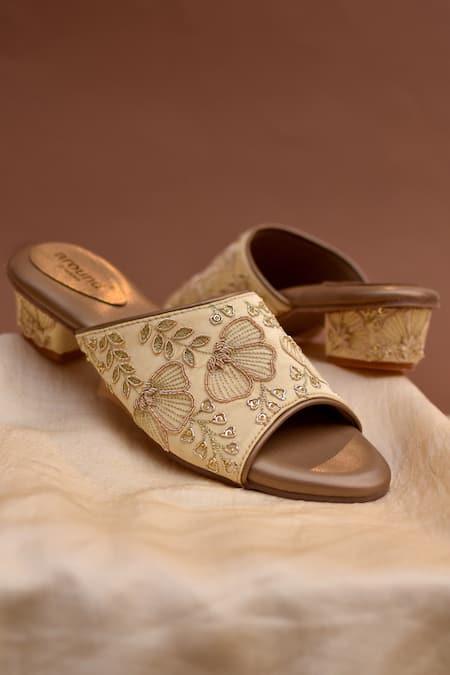 Around Always Gold Embroidery, Zari, Beads Peonies Floral Threadwork And Zardozi Heels 