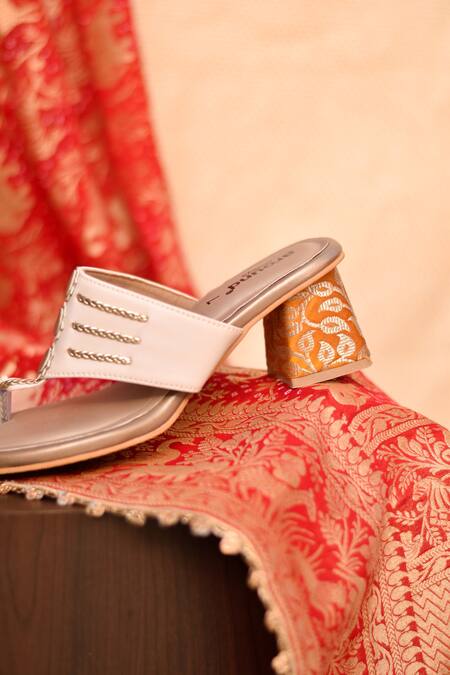 Around Always_Ivory Studs, Metallic Thread Pragya Kolhapuri Inspired Brocade Block Heels _Online_at_Aza_Fashions