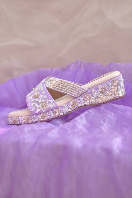 Around Always_Lavender Embroidery, Sequins, Beads Savera Floral Threadwork And Wedges_Online_at_Aza_Fashions