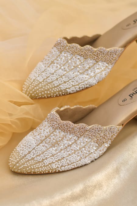 Buy_Around Always_Gold Beads, Sequins Symphony And White Beaded Ombre Embroidered Heels 