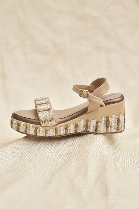 Around Always_Beige Sequins, Beads Verra Pattern Open Toe Wedges _Online_at_Aza_Fashions