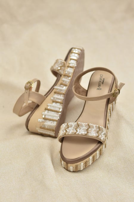 Around Always Beige Sequins, Beads Verra Pattern Open Toe Wedges 