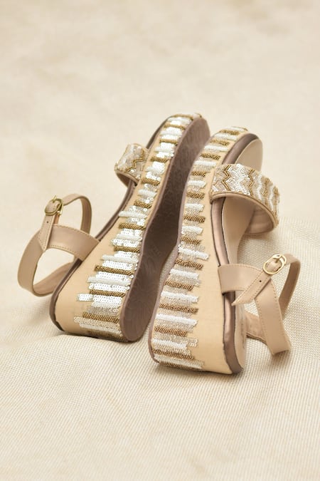 Buy_Around Always_Beige Sequins, Beads Verra Pattern Open Toe Wedges _Online_at_Aza_Fashions