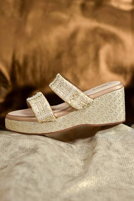 Around Always_Ivory Beads, Sequins Willow Beaded And Straps Textured Wedges _Online_at_Aza_Fashions