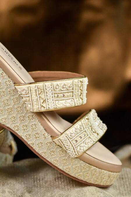 Buy_Around Always_Ivory Beads, Sequins Willow Beaded And Straps Textured Wedges _Online_at_Aza_Fashions