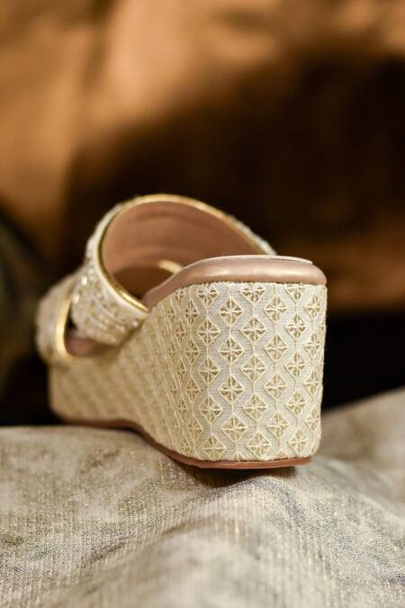 Shop_Around Always_Ivory Beads, Sequins Willow Beaded And Straps Textured Wedges _Online_at_Aza_Fashions