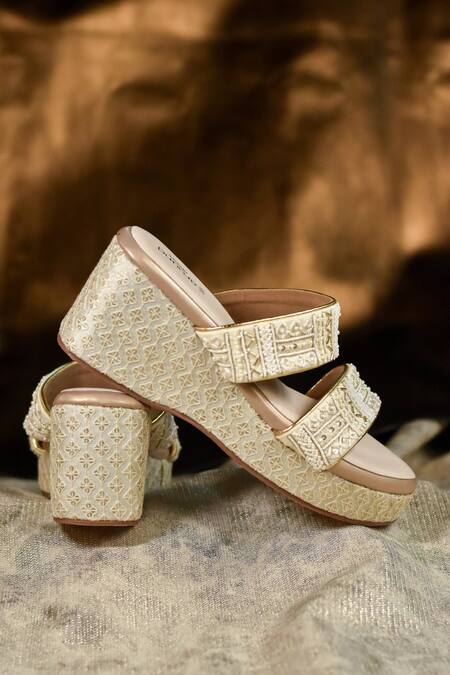 Around Always_Ivory Beads, Sequins Willow Beaded And Straps Textured Wedges _at_Aza_Fashions