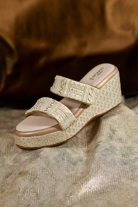 Buy_Around Always_Ivory Beads, Sequins Willow Beaded And Straps Textured Wedges 