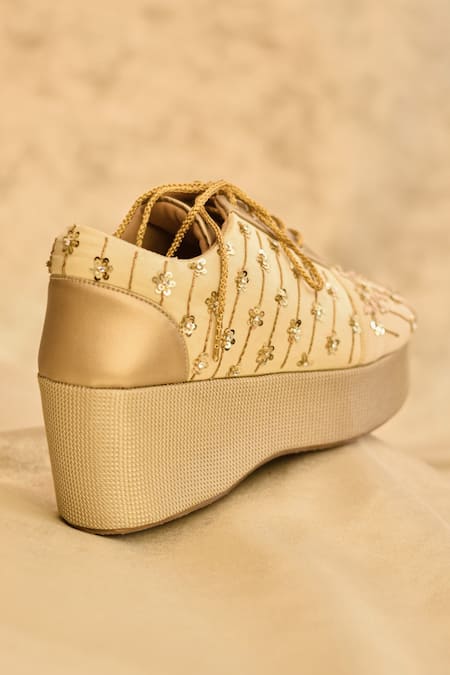 Around Always Gold Zewar Zardosi And Floral Sequin Sneakers Online at Aza Fashions Around Always_Gold Zewar Zardosi And Floral Sequin Sneakers _Online_at_Aza_Fashions