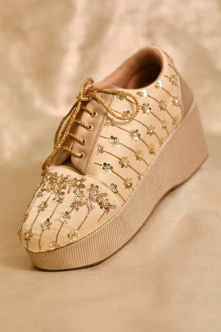 Buy Around Always Gold Zewar Zardosi And Floral Sequin Sneakers Online at Aza Fashions Buy_Around Always_Gold Zewar Zardosi And Floral Sequin Sneakers _Online_at_Aza_Fashions