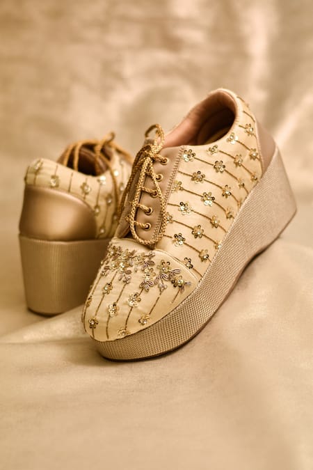 Shop Around Always Gold Zewar Zardosi And Floral Sequin Sneakers at Aza Fashions Shop_Around Always_Gold Zewar Zardosi And Floral Sequin Sneakers _at_Aza_Fashions