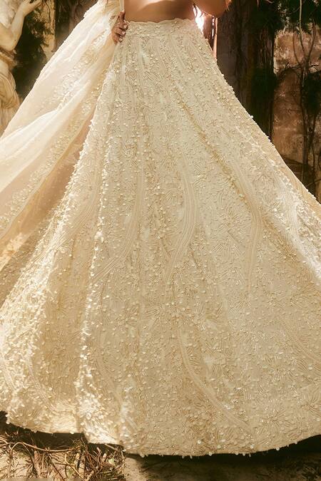 Buy_Varun Chakkilam_Ivory Satin, Organza Sequins, Embroidery, Beads Halter Neck Cascade Lehenga Set _Online_at_Aza_Fashions