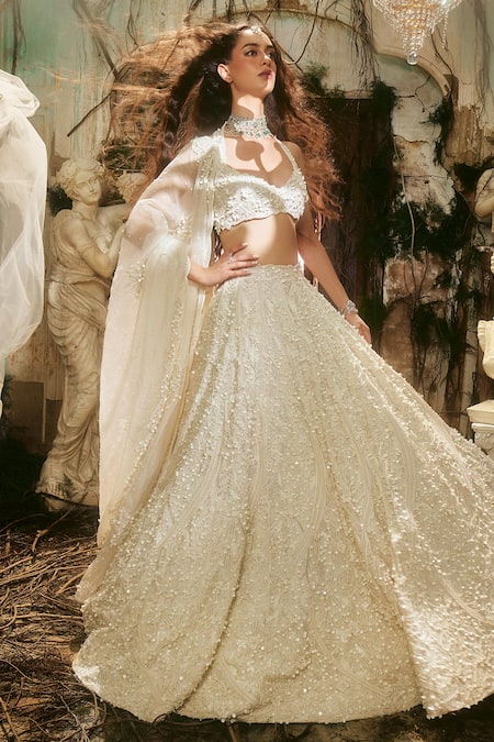 Shop_Varun Chakkilam_Ivory Satin, Organza Sequins, Embroidery, Beads Halter Neck Cascade Lehenga Set _Online_at_Aza_Fashions