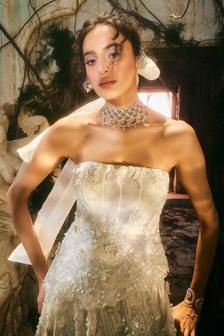Varun Chakkilam_Ivory Satin, Organza Embroidery, Sequins Bandeau Elysian Corset With Lehenga _Online_at_Aza_Fashions