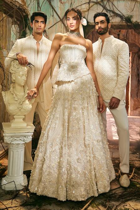 Buy_Varun Chakkilam_Ivory Satin, Organza Embroidery, Sequins Bandeau Elysian Corset With Lehenga _Online_at_Aza_Fashions
