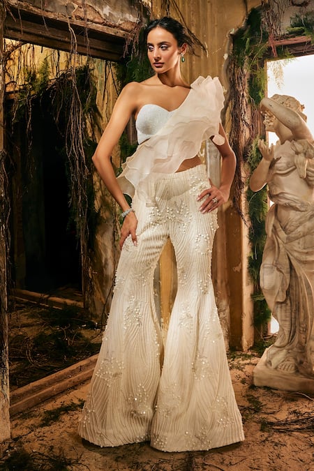 Varun Chakkilam Ivory Satin, Organza Embroidery, Sequins One Shoulder Opaline Grace Cape Set 