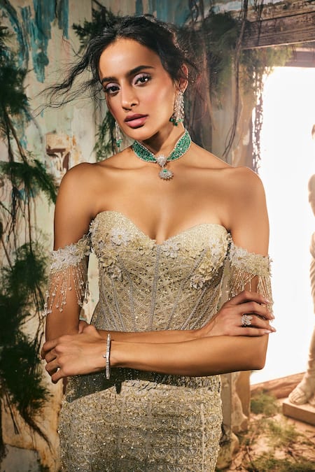 Varun Chakkilam_Gold Satin, Organza Embroidery, Sequins, Beads Serenade Corset With Lehenga _Online_at_Aza_Fashions