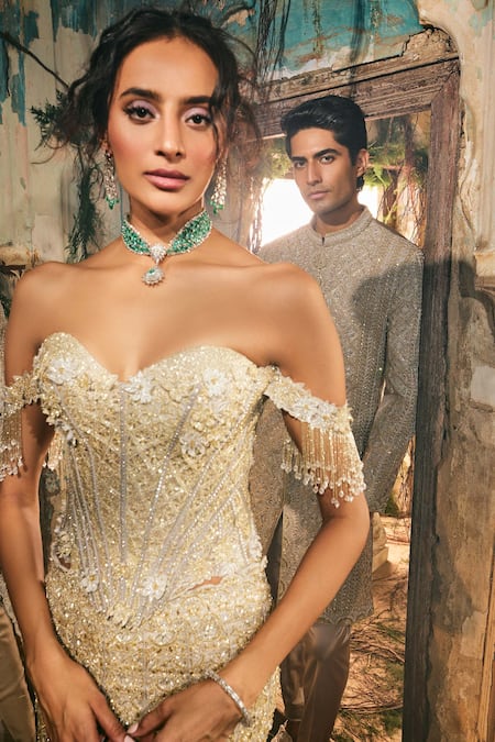 Buy_Varun Chakkilam_Gold Satin, Organza Embroidery, Sequins, Beads Serenade Corset With Lehenga _Online_at_Aza_Fashions