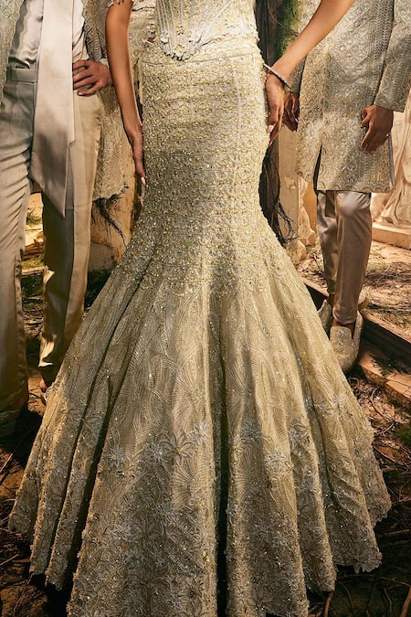 Shop_Varun Chakkilam_Gold Satin, Organza Embroidery, Sequins, Beads Serenade Corset With Lehenga _Online_at_Aza_Fashions