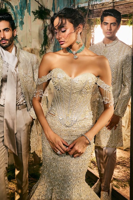 Varun Chakkilam_Gold Satin, Organza Embroidery, Sequins, Beads Serenade Corset With Lehenga _at_Aza_Fashions