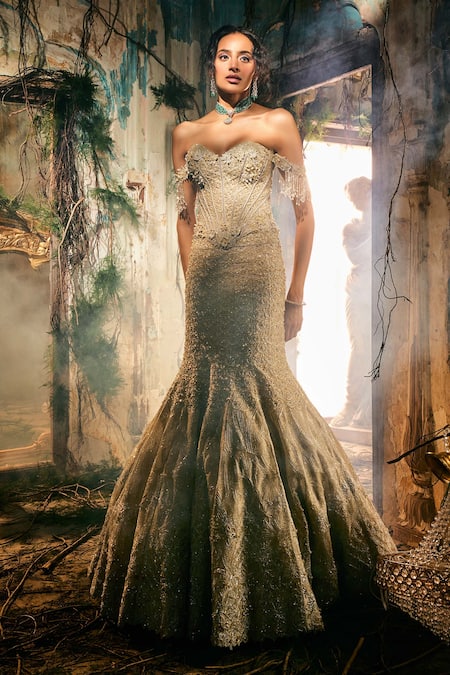 Varun Chakkilam Gold Satin, Organza Embroidery, Sequins, Beads Serenade Corset With Lehenga 