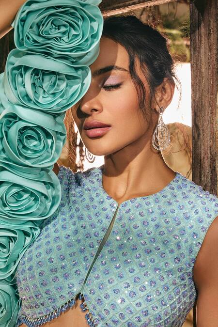 Varun Chakkilam_Aqua Satin, Organza Sequins, Beads High Neck Bloom Embroidered Lehenga Set _Online_at_Aza_Fashions
