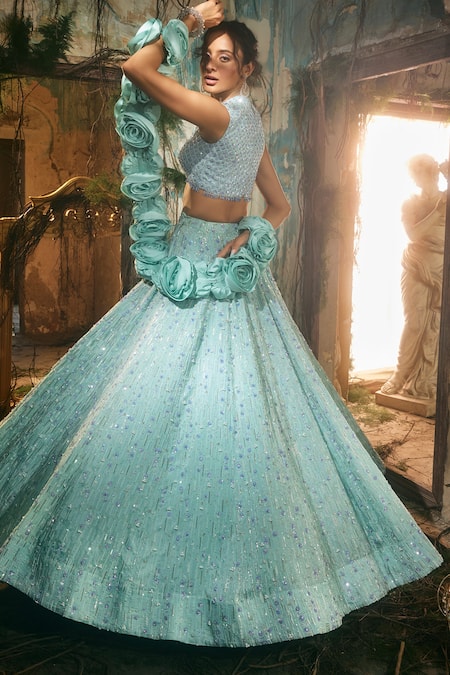 Varun Chakkilam Aqua Satin, Organza Sequins, Beads High Neck Bloom Embroidered Lehenga Set 