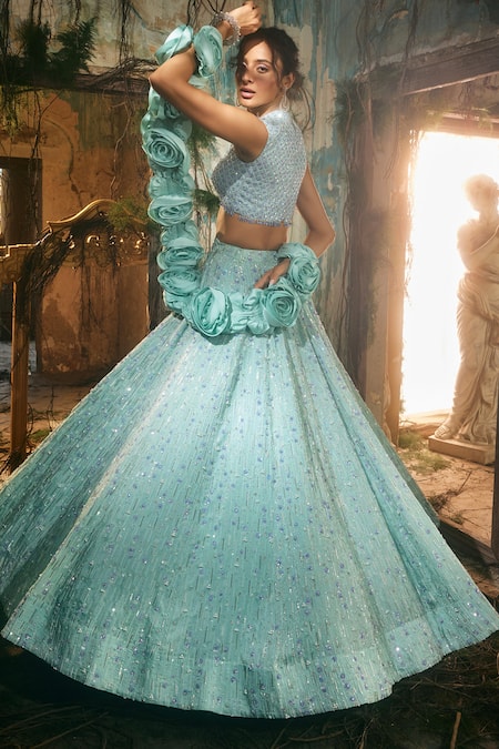 Varun Chakkilam Aqua Bloom Embroidered Lehenga Set 