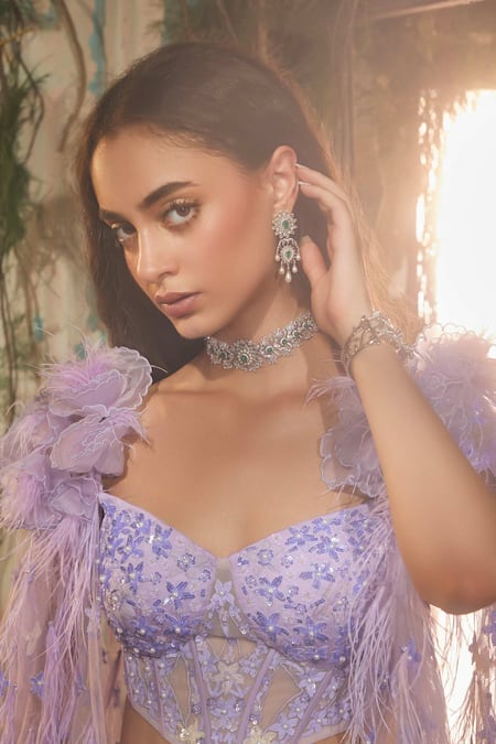 Varun Chakkilam_Lavender Satin, Organza, Net Embroidery, Sequins, Amethyst Bloom Lehenga Set _Online_at_Aza_Fashions