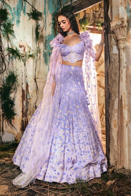 Varun Chakkilam Lavender Satin, Organza, Net Embroidery, Sequins, Amethyst Bloom Lehenga Set 