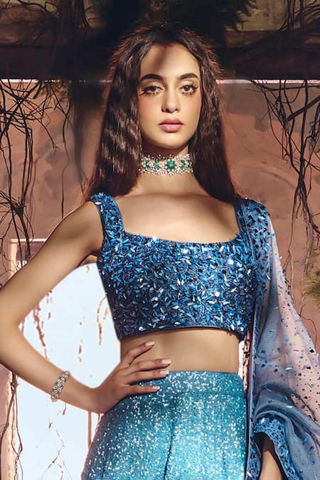 Shop_Varun Chakkilam_Blue Satin, Organza Sequins, Embroidery Square Neck Ocean Starlight Lehenga Set _Online_at_Aza_Fashions