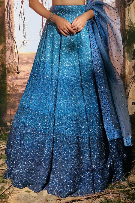 Buy_Varun Chakkilam_Blue Satin, Organza Sequins, Embroidery Square Neck Ocean Starlight Lehenga Set 