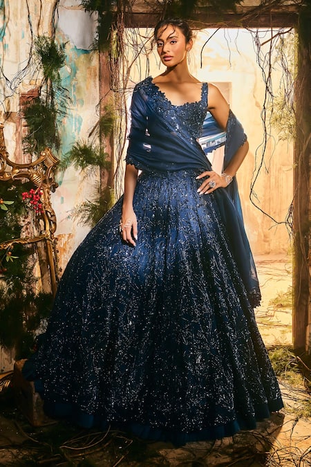 Varun Chakkilam Navy Satin, Organza Embroidery, Sequins Sweetheart Neck Aura Lehenga Set 