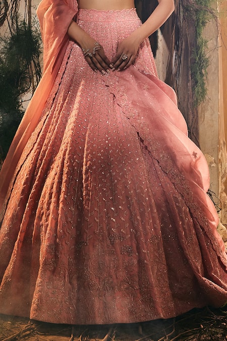 Varun Chakkilam_Peach Satin, Organza Embroidery, Sequins Sweetheart Blush Petal Lehenga Set _Online_at_Aza_Fashions