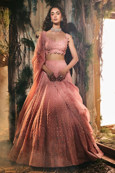 Varun Chakkilam Peach Satin, Organza Embroidery, Sequins Sweetheart Blush Petal Lehenga Set 