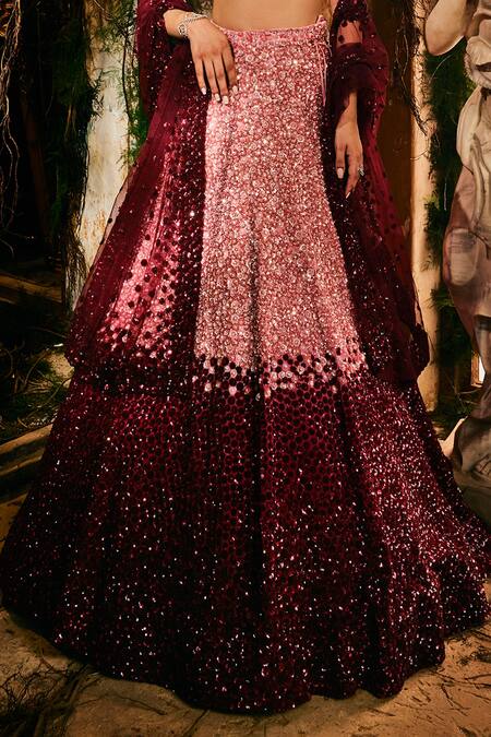 Shop_Varun Chakkilam_Pink Satin, Organza Sequins, Embroidery V-neck Crimson Aurora Lehenga Set _Online_at_Aza_Fashions