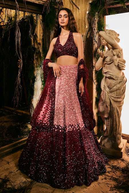 Varun Chakkilam Pink Satin, Organza Sequins, Embroidery V-neck Crimson Aurora Lehenga Set 