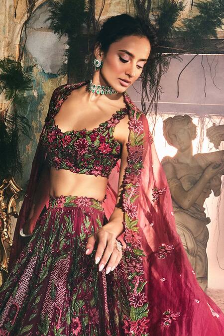 Buy_Varun Chakkilam_Maroon Satin, Organza Embroidery, Sequins Plumage Floral Pattern Lehenga Set _Online_at_Aza_Fashions