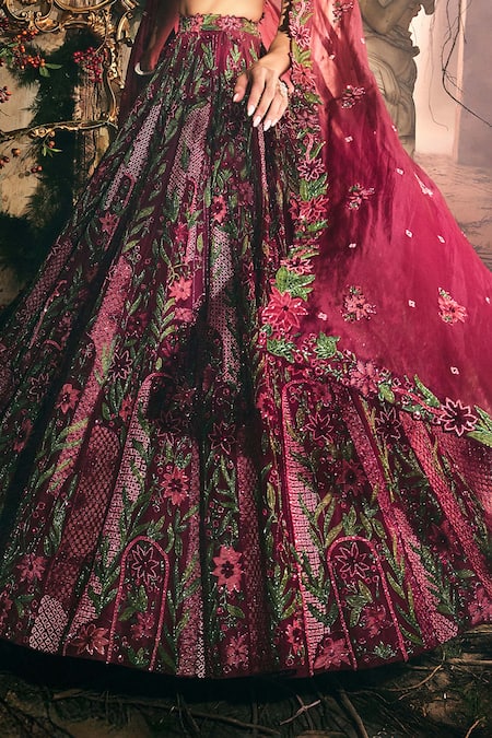 Shop_Varun Chakkilam_Maroon Satin, Organza Embroidery, Sequins Plumage Floral Pattern Lehenga Set _Online_at_Aza_Fashions