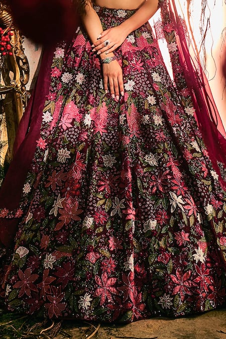 Buy_Varun Chakkilam_Multi Color Satin, Organza Embroidery, Sequins V-neck Mystic Florals Lehenga Set _Online_at_Aza_Fashions