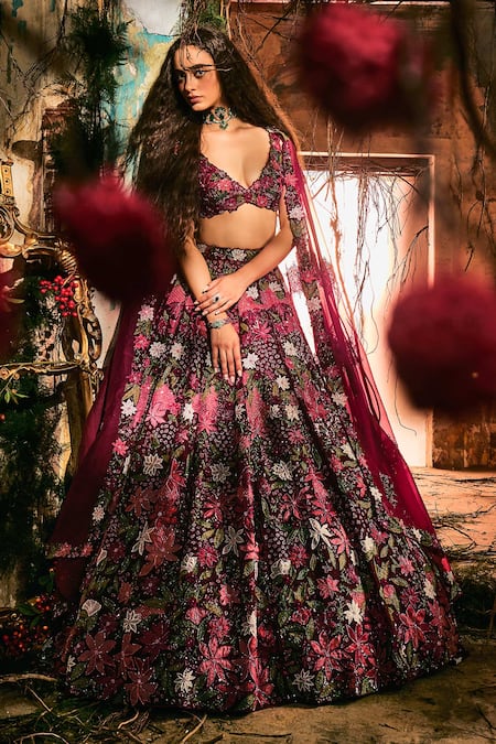 Varun Chakkilam Multi Color Satin, Organza Embroidery, Sequins V-neck Mystic Florals Lehenga Set 