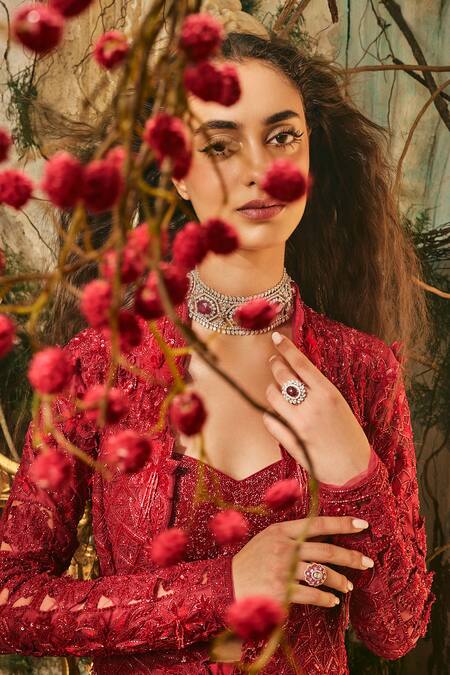 Buy_Varun Chakkilam_Red Organza, Lycra Embroidery Open Neck, Sweetheart Imperial Jacket And Pant Set _Online_at_Aza_Fashions