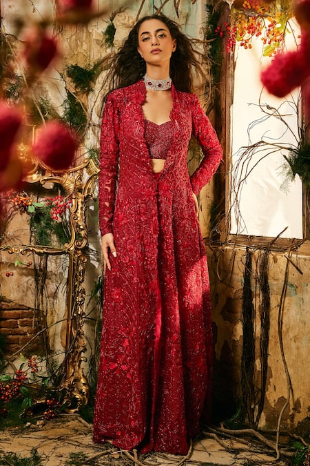 Varun Chakkilam Red Organza, Lycra Embroidery Open Neck, Sweetheart Imperial Jacket And Pant Set 