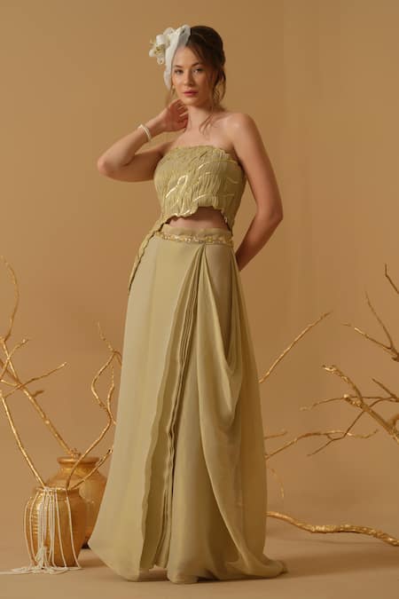 Abstract By Megha Jain Madaan Gold Georgette, Cotton, Jersey Sequins Embellished Ruched Top With Draped Skirt 