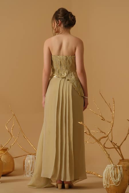 Abstract By Megha Jain Madaan Embellished Ruched Top With Draped Skirt 